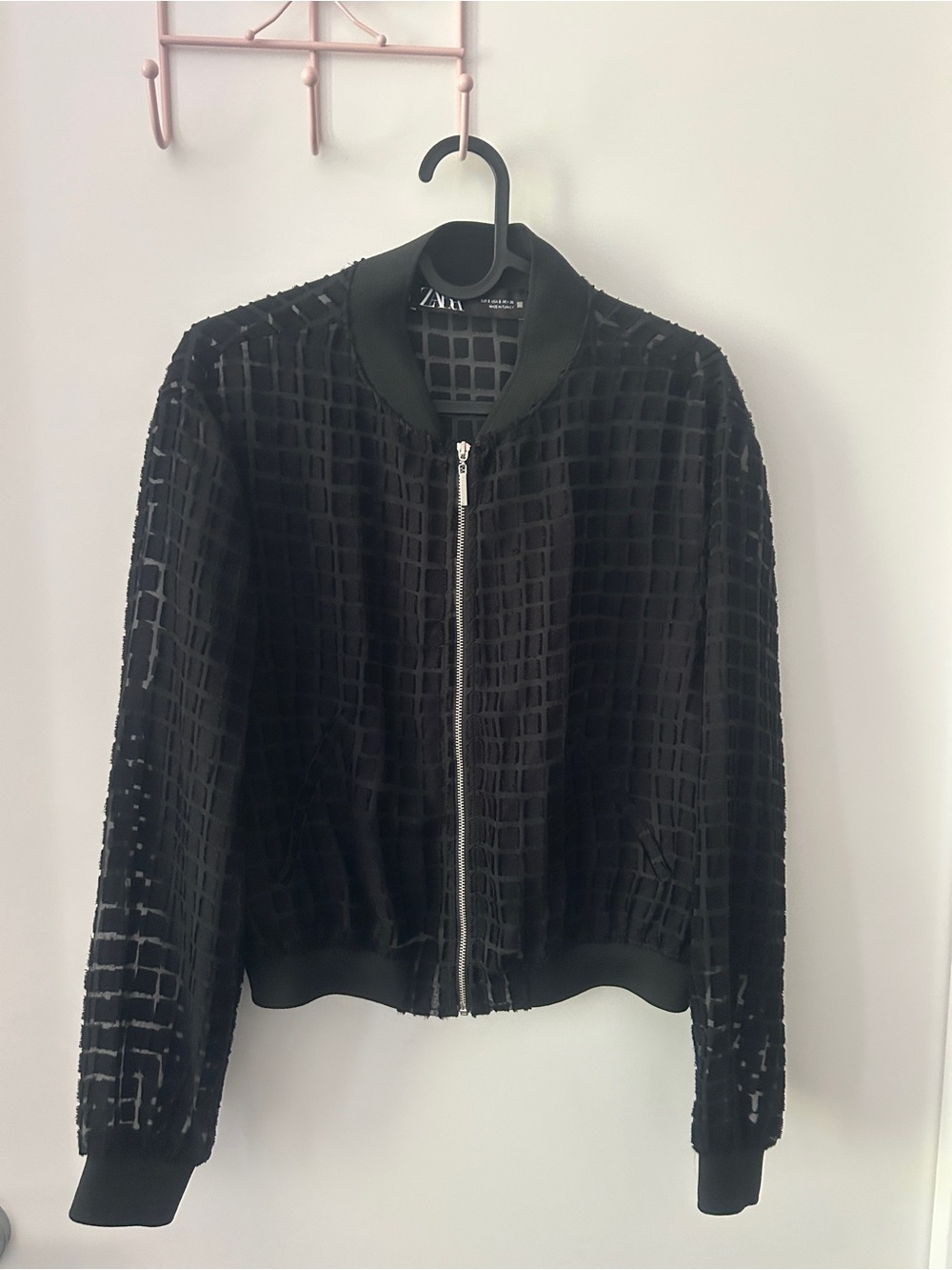 Zara Black Grid-Pattern Bomber Jacket